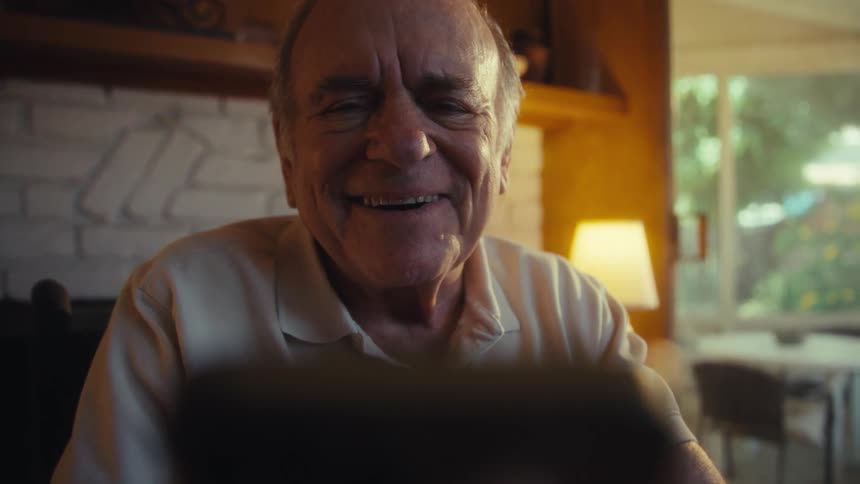 This video features an older man with graying hair and glasses looking directly at the camera with a warm genuine smile that suggests happiness or contentment the soft natural lighting in the indoor setting highlights his relaxed and friendly demeanor