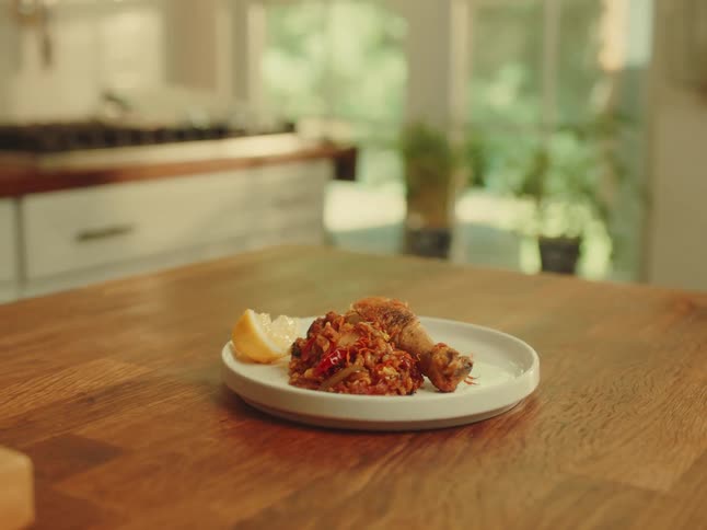 A dish of food is in the kitchen