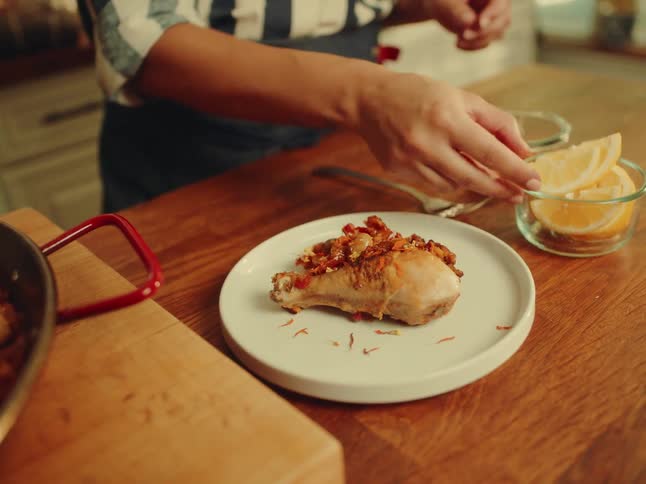 Person finishing a dish with seasoning and a slice of orange