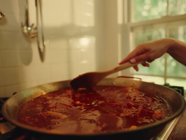 Hand holding a wooden spoon and stirring a sauce in a frying pan