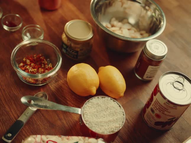 The shot displays various ingredients for cooking laid out on a wooden surface including lemons a bowl of dried spices canned goods a bag of rice and what appears to be chicken pieces in a large metal bowl the arrangement suggests preparation for a