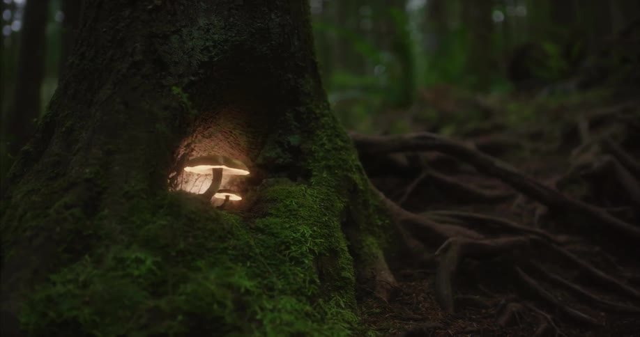 A warm enchanting glow emanates from a hollow in a mosscovered tree trunk nestled in a shadowy forest creating a magical and mysterious atmosphere