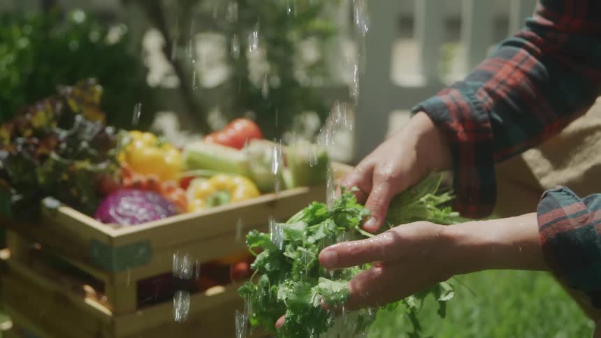 A person is shown rinsing a bunch of leafy green vegetables likely cilantro or parsley under running water from a hose in an outdoor setting the water cascades over the greens which are held over a wooden crate filled with various other fresh produce
