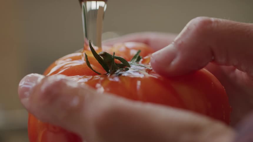 A closeup shot shows hands gently washing a large ripe red tomato under running water from a faucet the water cascades over the tomatos surface cleaning it while highlighting its vibrant color and fresh green stem