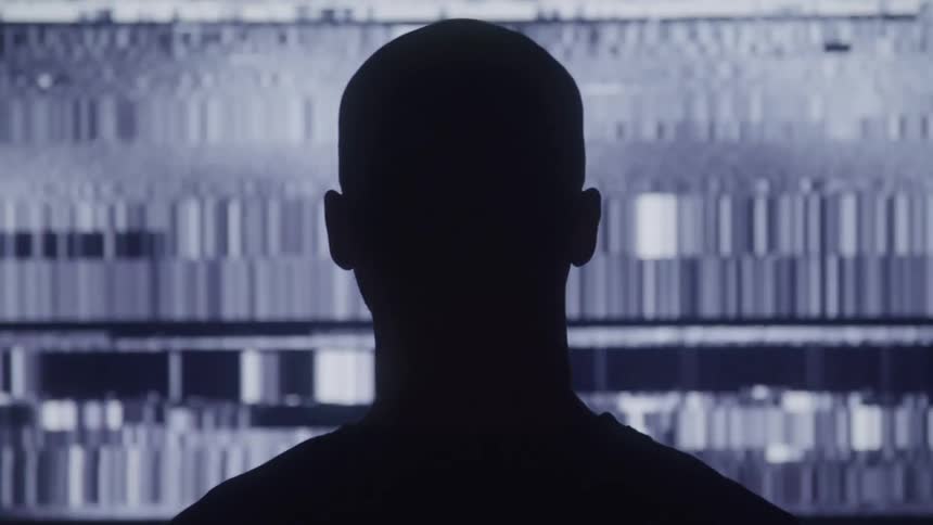 A dark silhouette of a persons head and shoulders is shown against a background of rapidly changing blue and white static giving the impression of a digital or screenbased environment the static forms horizontal lines across the screen