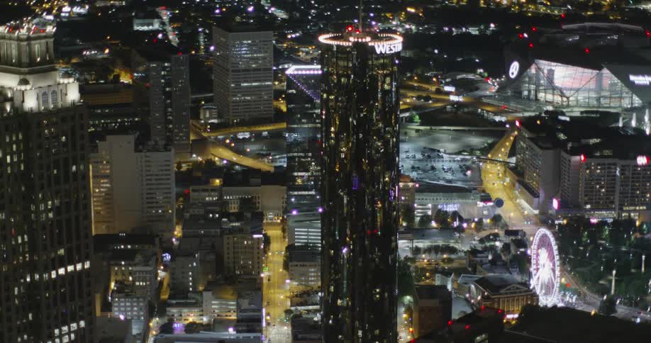 Atlanta skyscrapers and city skyline lit up at night
