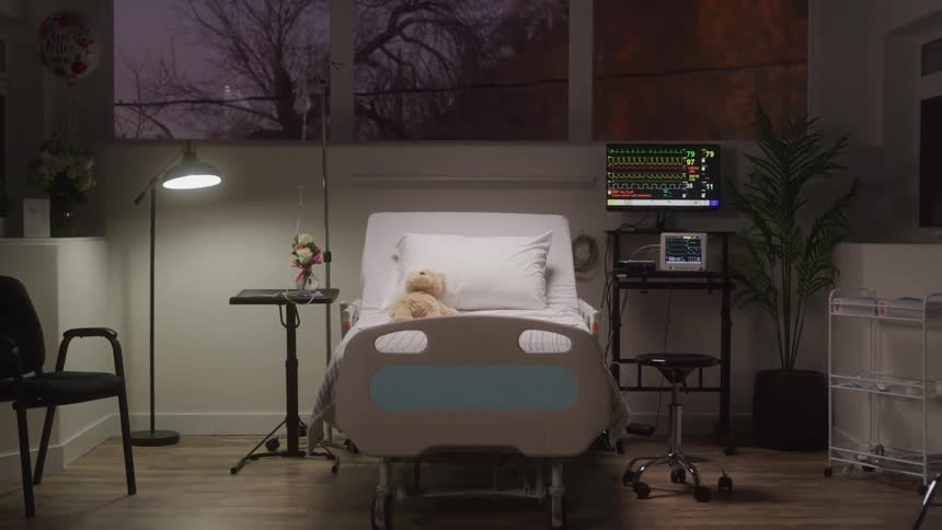The hospital room is empty