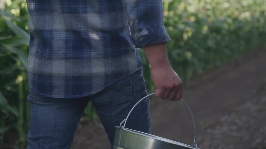 Person walking in an agricultural area carrying a metal bucket