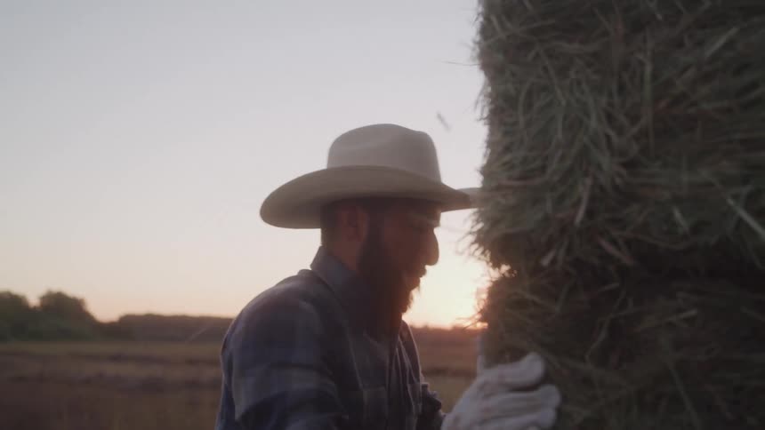 A farmer stacking straw into the trunk of a truck while wearing white gloves and a sun hat in a field at sunset