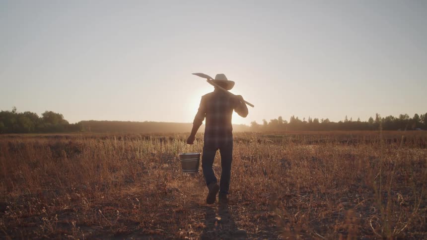 A man walks through a field with a shovel and pail in hand