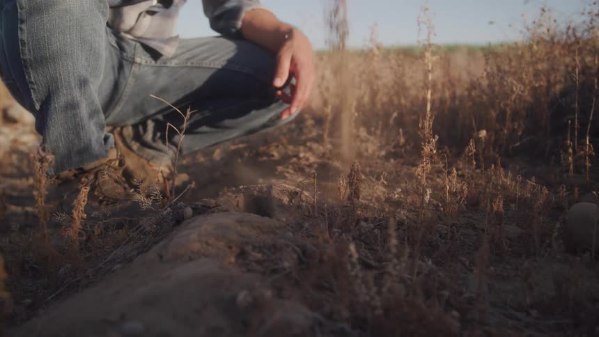 Close up of a male farmer pouring soil from his hands while squatting on a farm during daytime