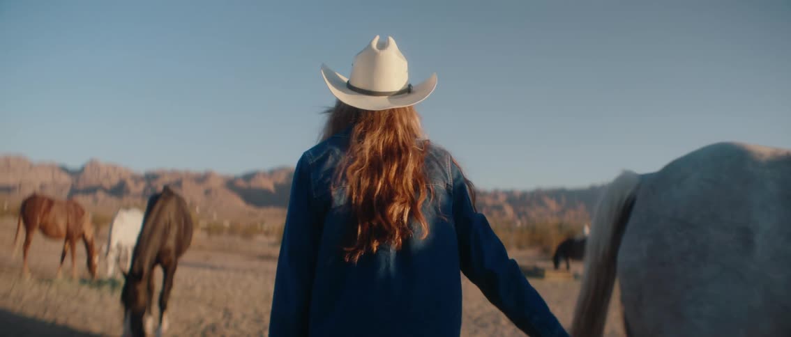 Woman in hat stroking a horse in a field