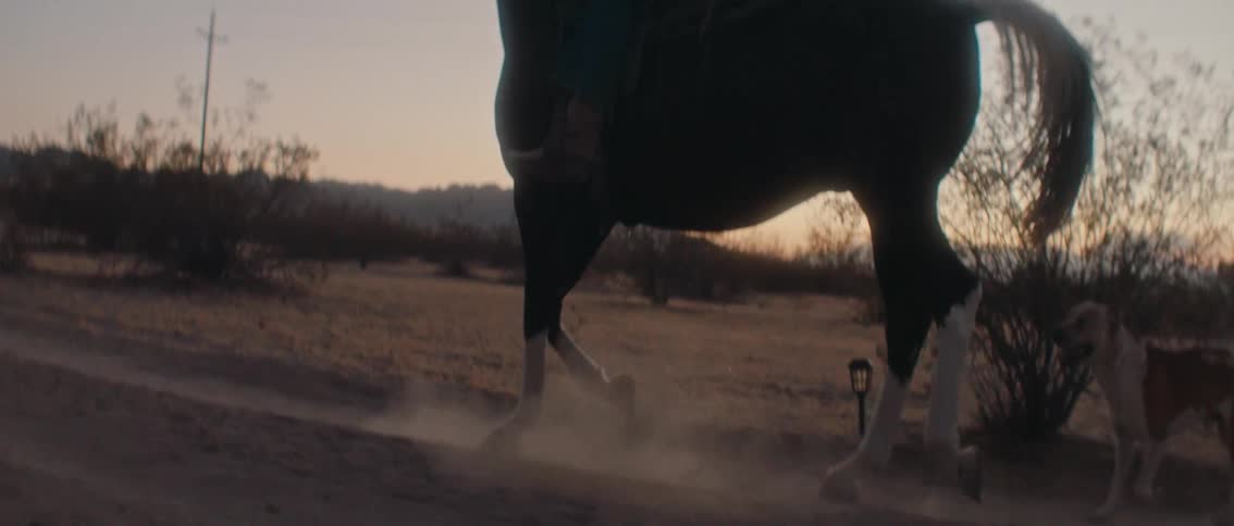 A lone figure on horseback rides across a dusty open landscape with the horses legs kicking up dust the scene is set against a backdrop of distant mountains under a clear sky conveying a sense of adventure and the wild west