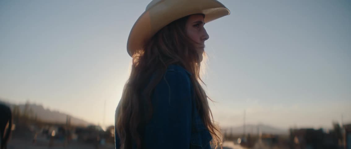 A cowboyhatclad individual with long flowing hair is captured from behind with a horse partially visible in the foreground the scene is set in an outdoor rural environment with bright sunlight creating lens flares evoking a sense of the wild west