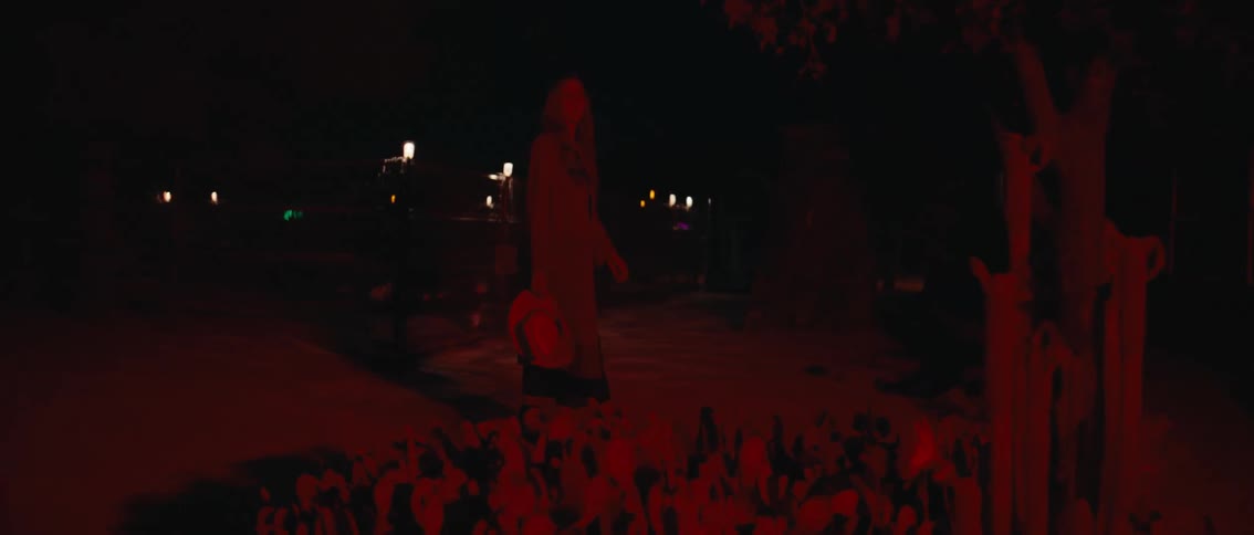 Woman holding a hat and walking in a natural environment with cacti at night