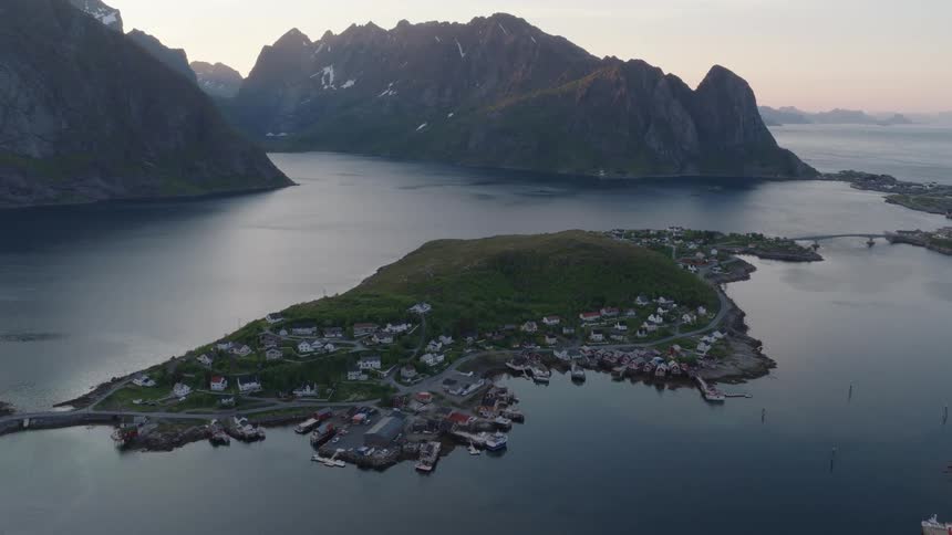 Coastal village on an island surrounded by fjords and mountains