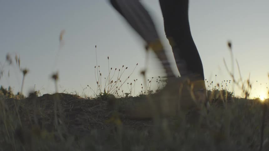 Three individuals walk through a field of dry grass as the sun sets behind them the camera is positioned low capturing the figures from the knees down as they move from left to right across the frame