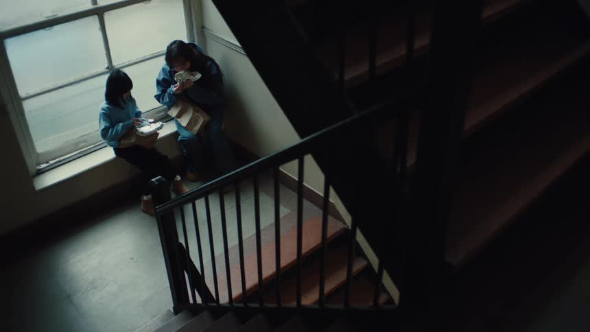 Two people sitting eating a snack on the stairs of a building