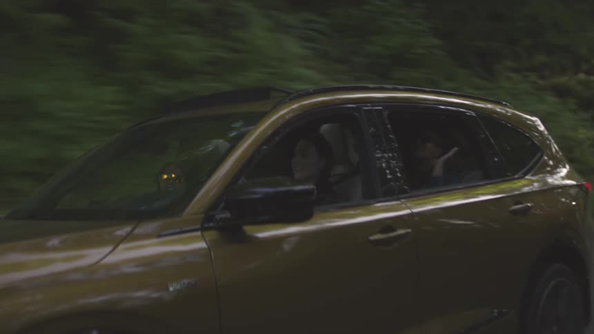 Three women inside an suv traveling along a paved road surrounded by trees