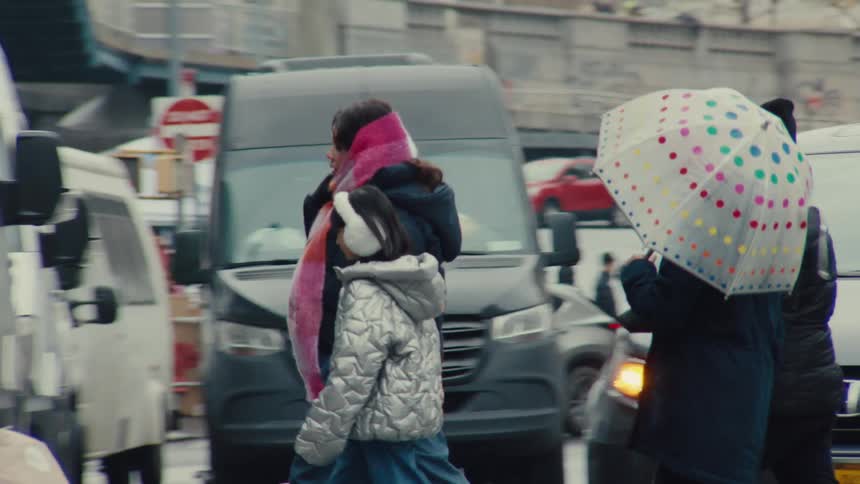 People crossing the pedestrian crossing on a busy urban street
