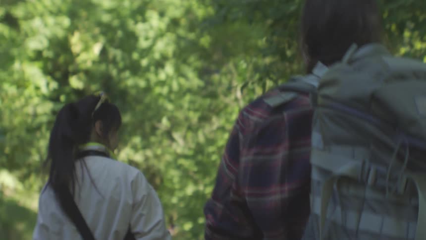 The video shows three people from behind walking on a path surrounded by green trees and foliage one person is wearing a white jacket with a yellow crossbody bag another is wearing a red flannel shirt and a large olive green backpack the third person