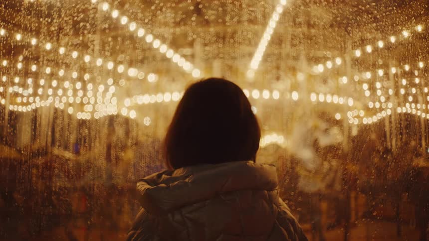 The back of a persons head and shoulders is in the foreground with a brightly lit carousel visible through a rainy window behind them