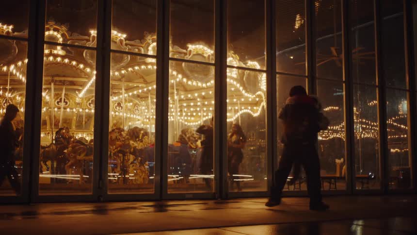 Daughter running towards her mother and hugging her next to an amusement park at night