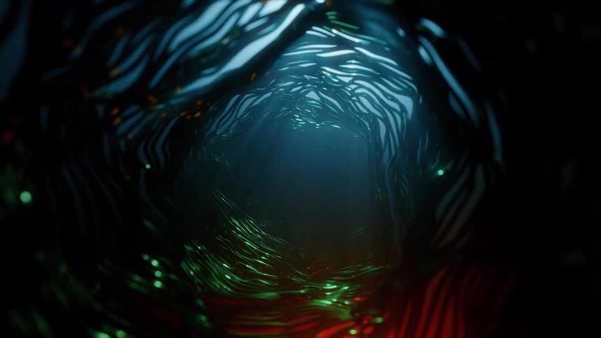 Abstract structure with wavy patterns illuminated in shades of blue green and red