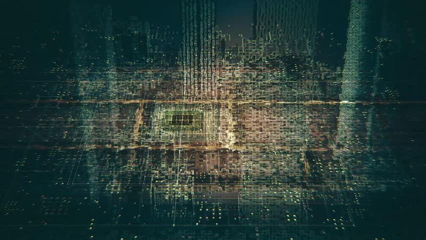 A computer motherboard with a series of chips and light rays
