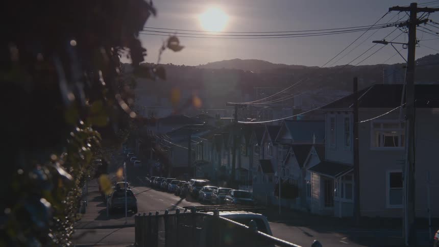 Residential street at sunset with parked cars and houses