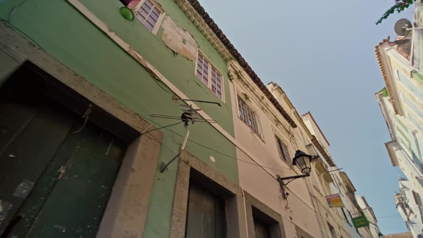 Upward view of old buildings in a suburb