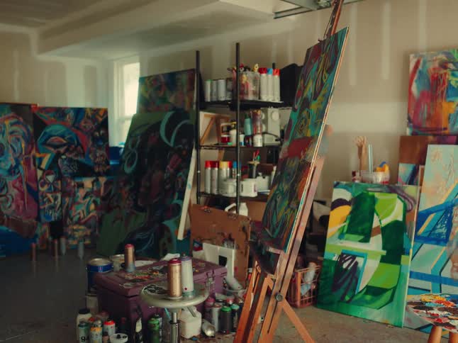 Art studio with an easel colorful canvases and paints scattered around the space