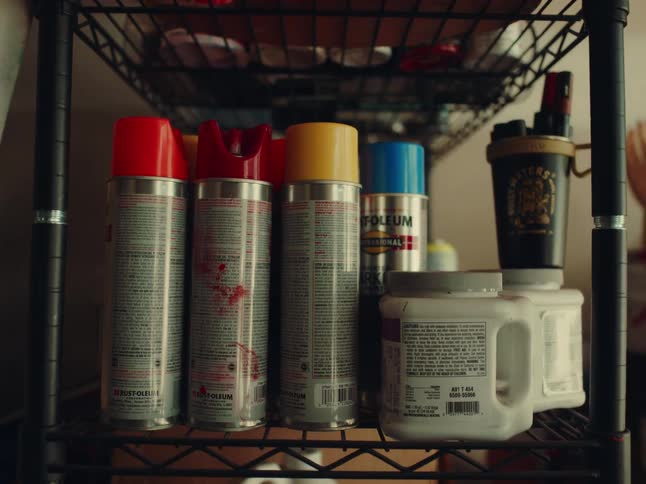 Colorful spray cans and white paint containers arranged on a metal shelf