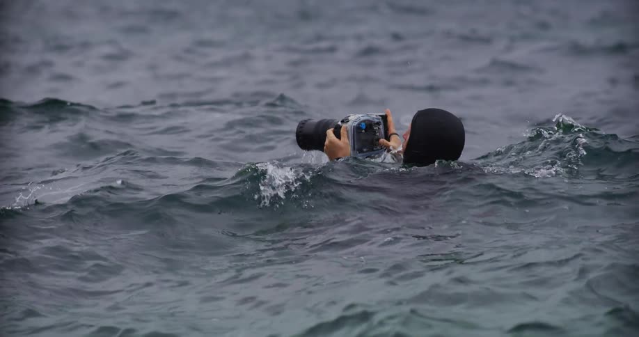 A woman swimming in the ocean holding a digital camera at midday as the waves push her back and forth