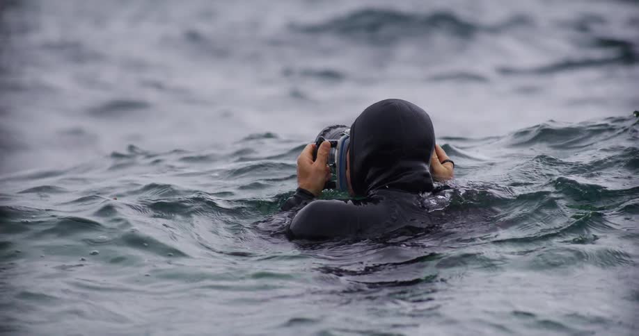 Filmmaker with a professional camera in the sea