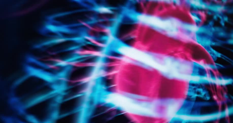 A video shows a colorful abstract and distorted visual effect with a watermark the colors are mainly pink and blue with fastmoving and pixelated forms