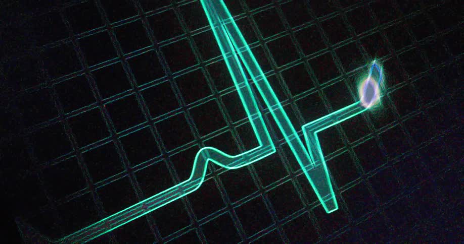 A bright green glowing waveform moves across a dark screen with a green grid pattern as the camera pans to follow it