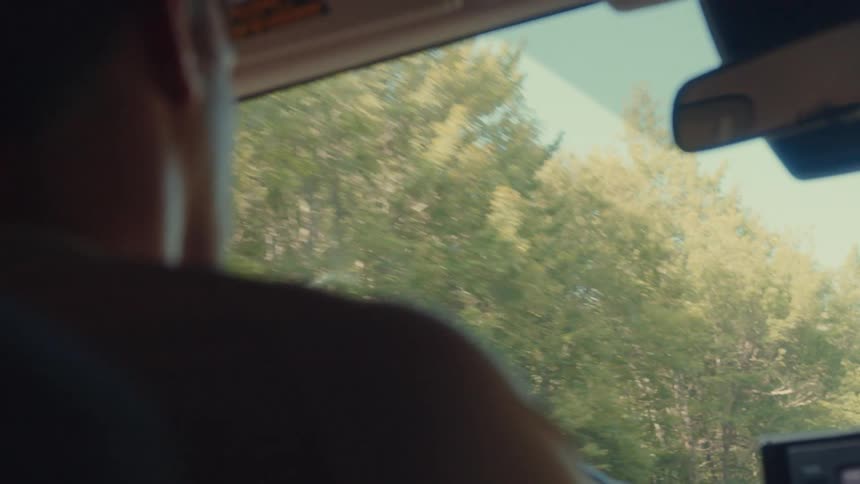 The video shows the interior of a car with a window view of a treelined road there is a line on the road visible through the window separating the two directions of traffic a second line can be seen on the window representing the reflection of the c