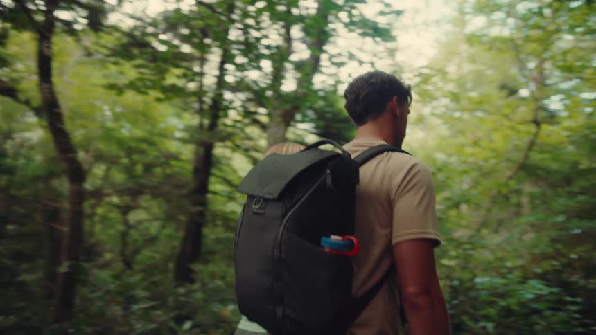 Couple holding hands hiking in the forest