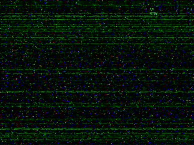 The video displays a screen filled with static resembling an old television the static has a prominent green tint with other colors like red and blue also visible as small flickering dots