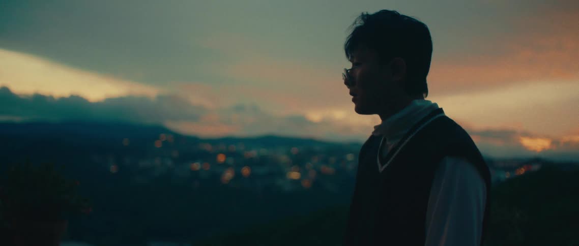 A young man wearing glasses on a hill looking at the city skyline in the distance while on the outskirts of the city