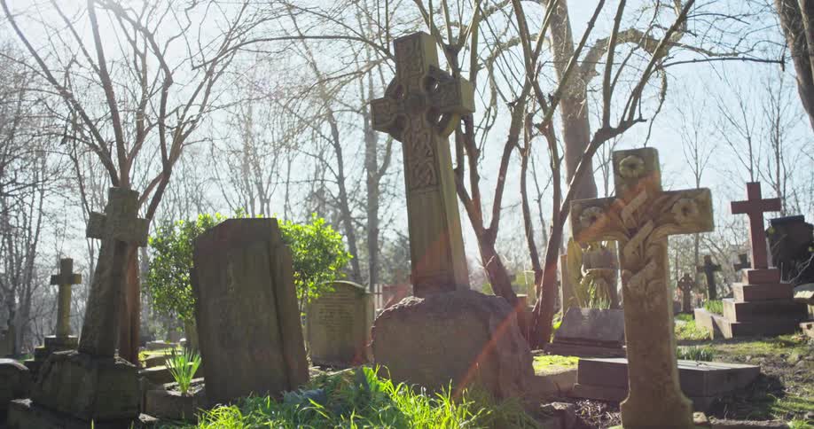 The graveyard has many tombstones in the shape of crosses
