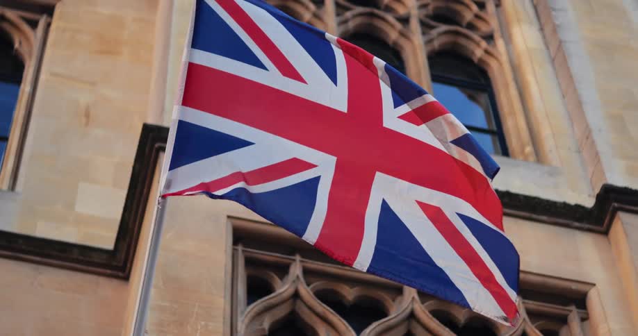 Union jack flag next to windows