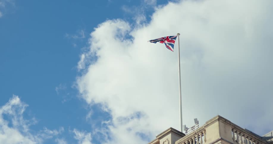 The bird flies by the flag on the building