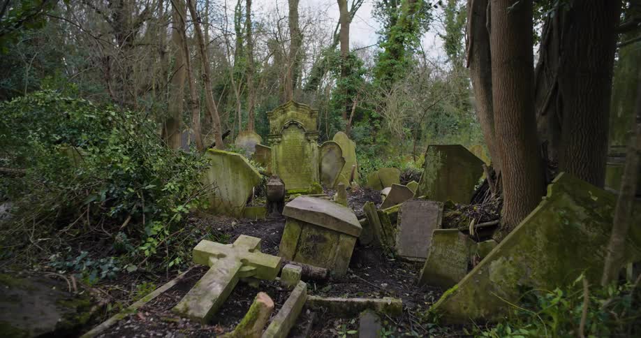 Some of the tombstones are tipped over in the graveyard