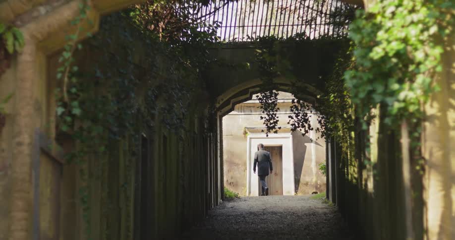 The video shows a person walking away from the camera down a covered alleyway with walls overgrown with ivy the alley is made of a rough stone or brick and the end of the alley opens up to a bright sunlit building the scene has a historic feel with t