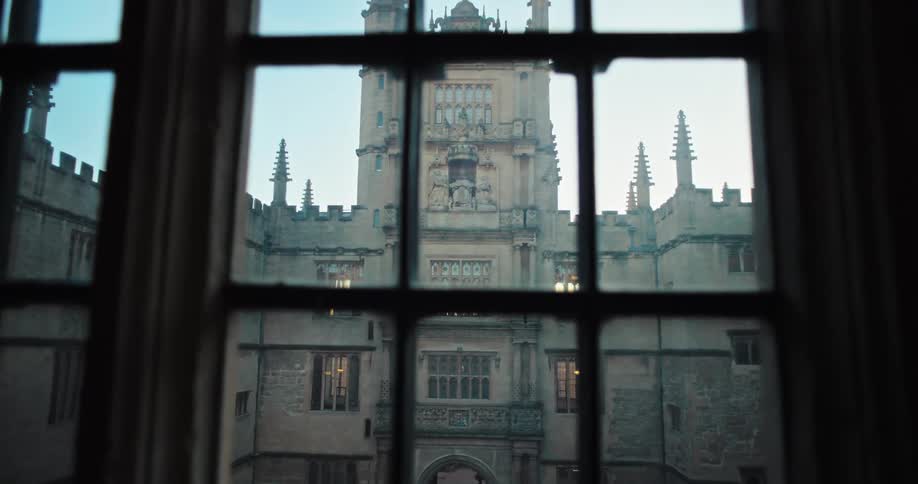 A large castle is outside the window