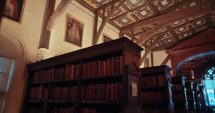 The hall is full of book cases with books