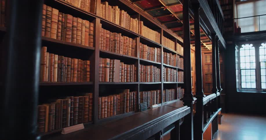 Architecture and interior of a library corridor with bookshelves