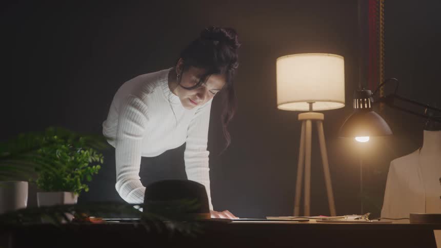 A woman writes at a desk